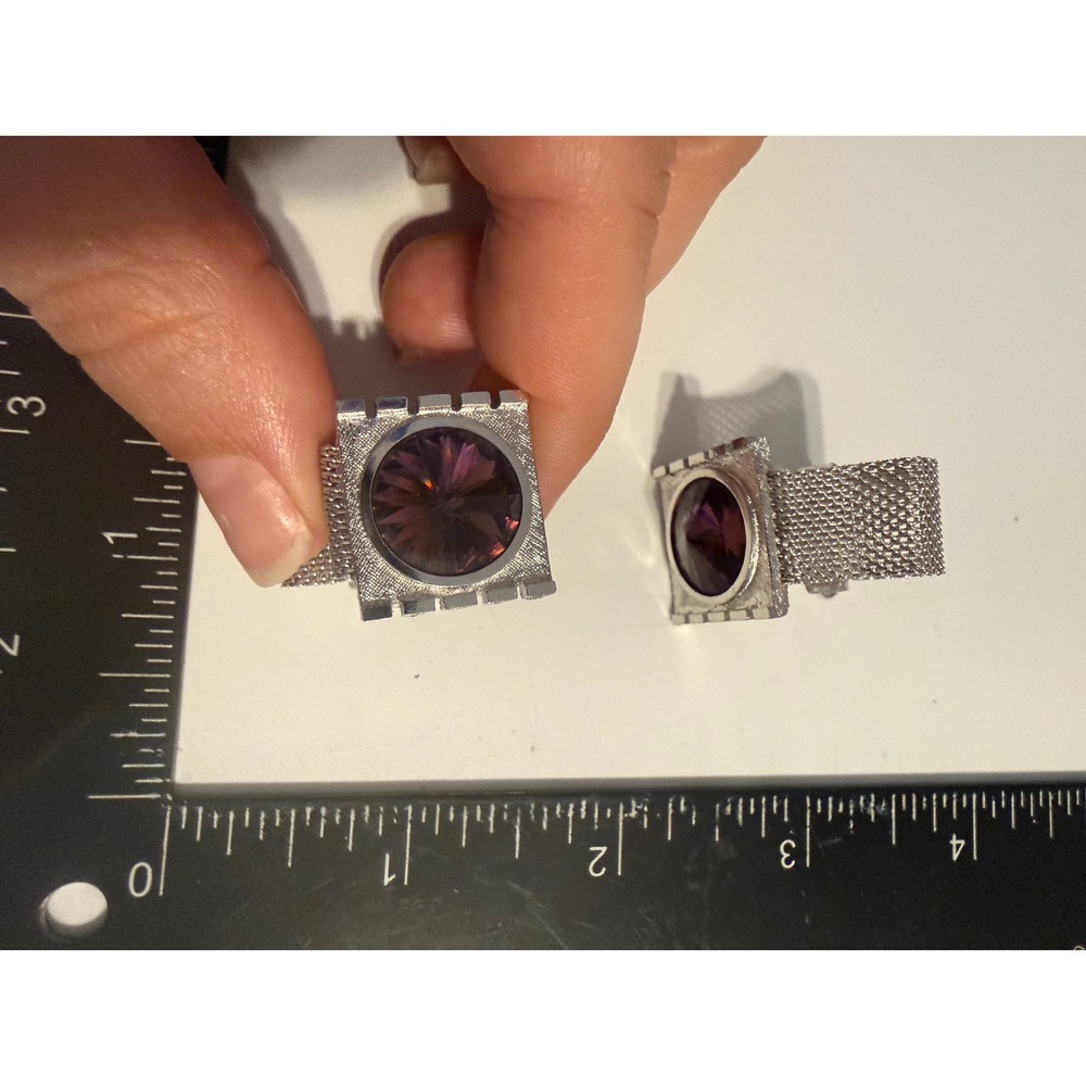 Vintage Shields Wrap‎ Around Mesh Cufflinks Purple Stone Silver Tone Brutalist